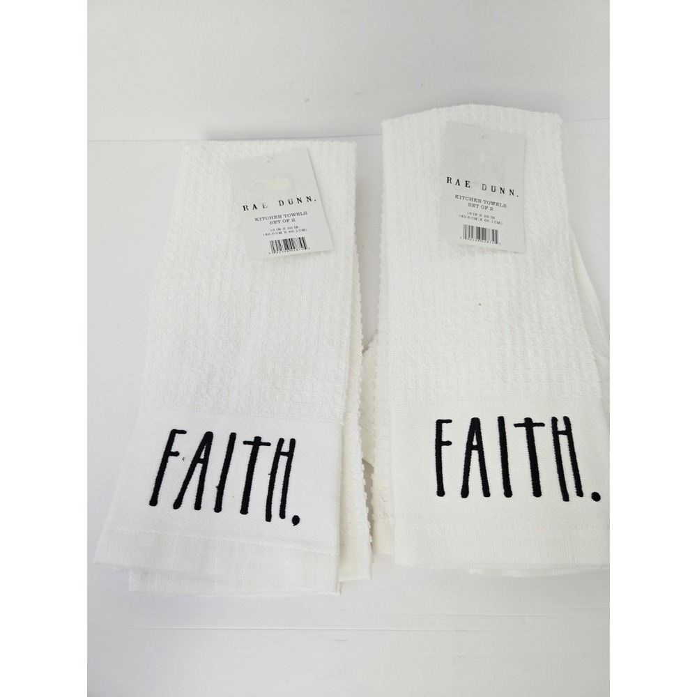 Rae Dunn Kitchen Towel set Faith NWT set of 4 white black farmhouse